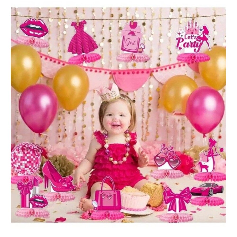 12 Pack Pink Girls Birthday Decorations Honeycomb Centepieces 3D Girl Theme Tabl